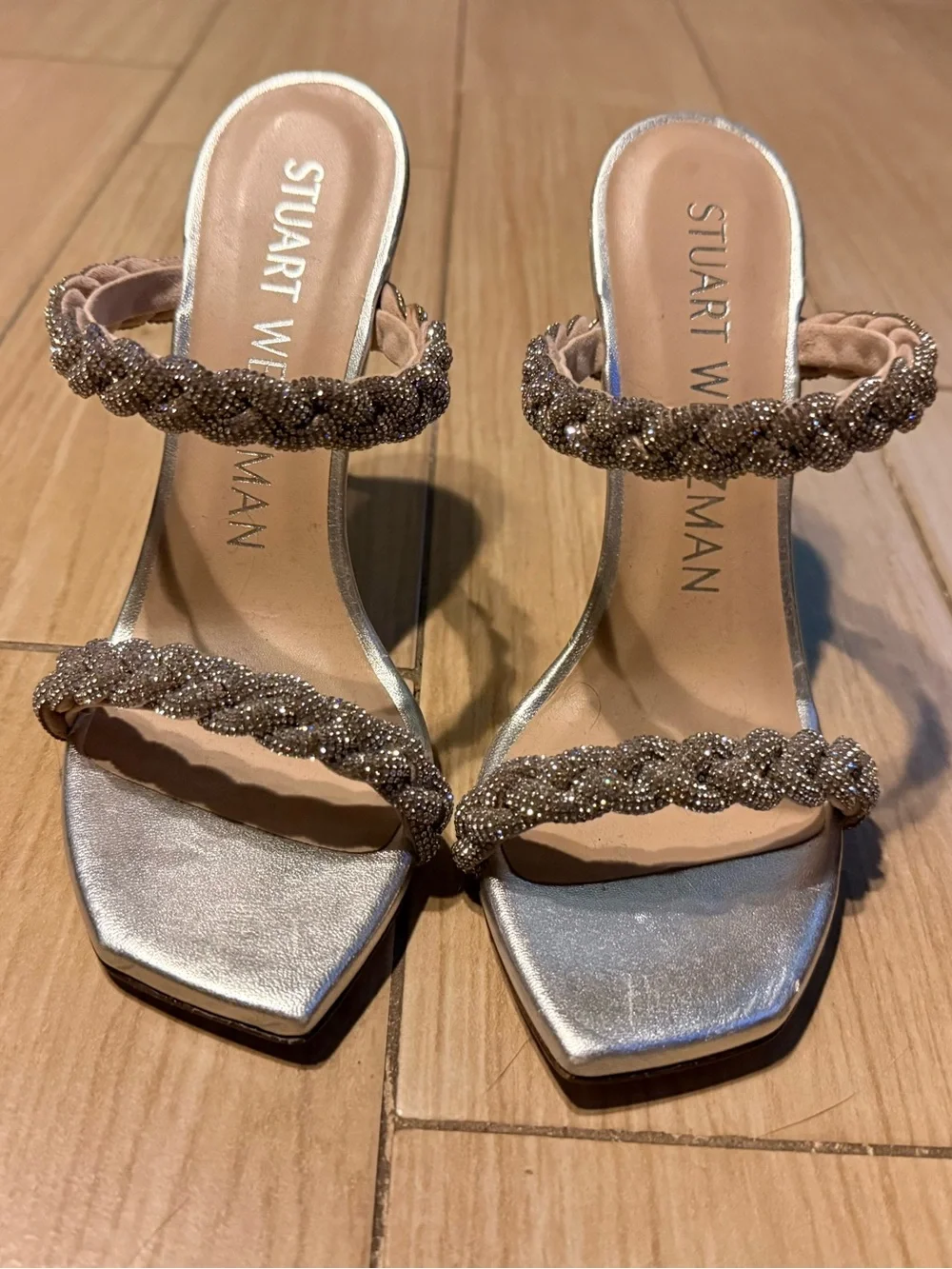 Stuart Weitzman Silver Braided Crystal Embellished Stiletto Sandals, Size 7